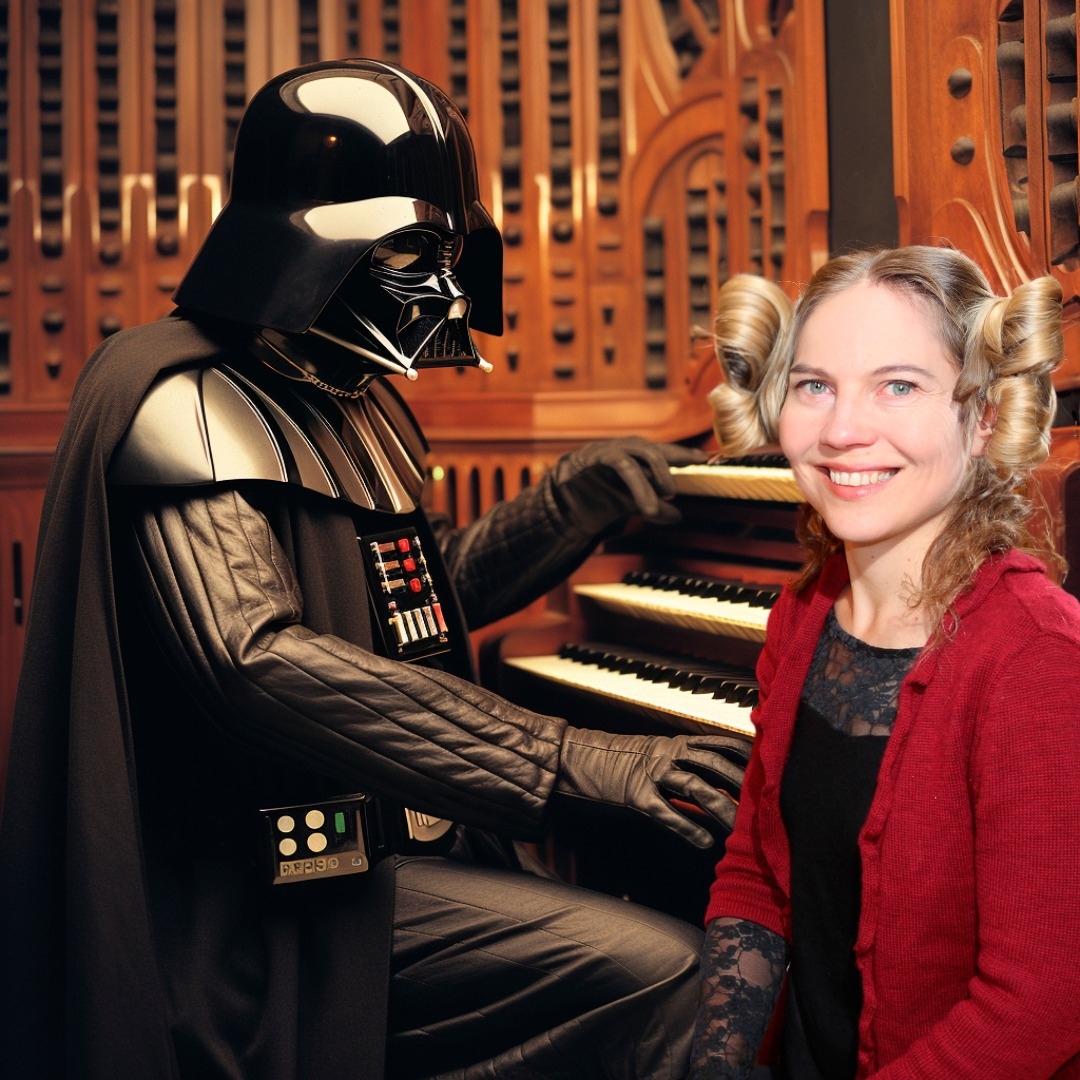Tiina Ilonen ja Darth Vader urkujen äärellä